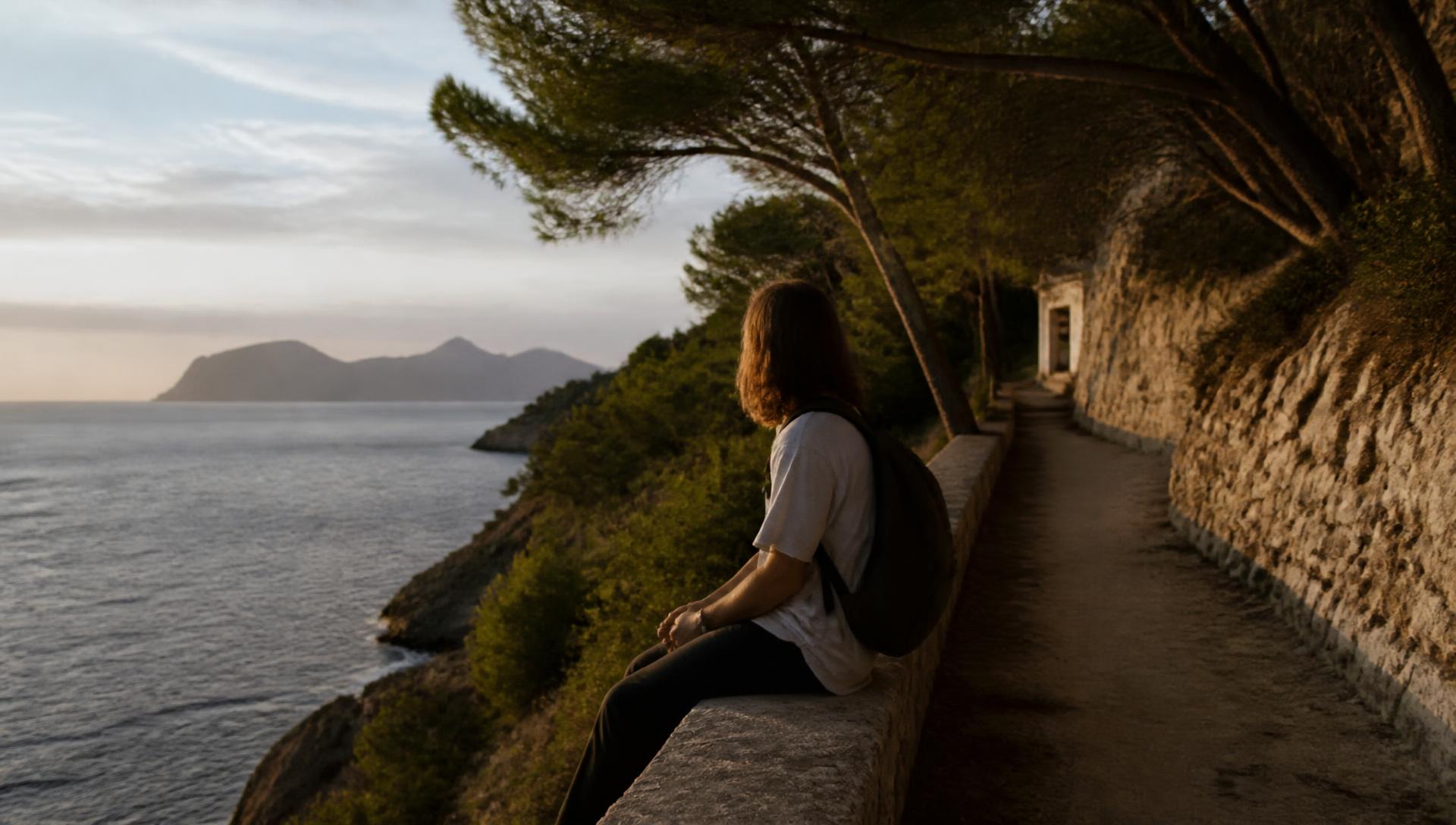 A person sitting on a stone wall on a Mallorca coastal path at golden hour