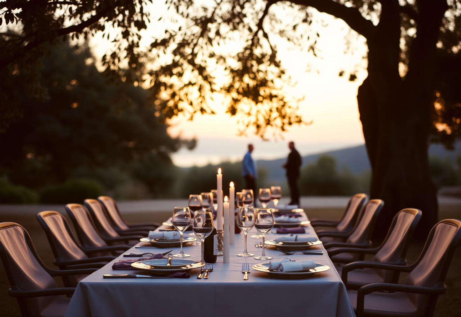 Long outdoor dinner table set under an olive tree at dusk
