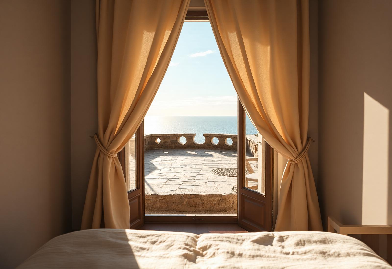 Morning sunlight entering a Mediterranean bedroom opening to a terrace